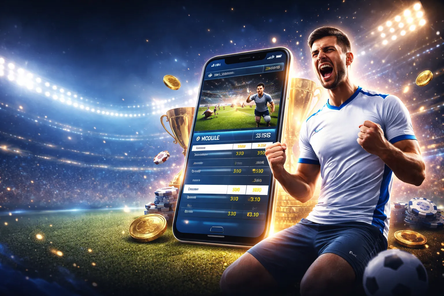 Sân vận động với trận đấu bóng đá sôi động, thể hiện cá cược thể thao e 2 bet